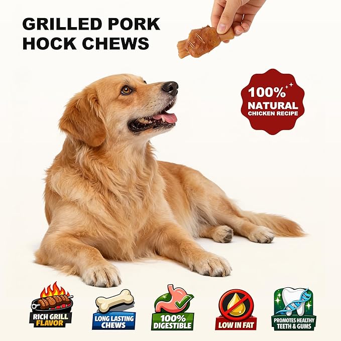PETPHABET Rawhide Free Dog Chew Bones - Grilled Pork Hock Dog Chews for Small Medium Breeds, Healthy Puppy Treats for Training & Teething, Made with Real Chicken, Natural Smoky Flavor, 12 Count