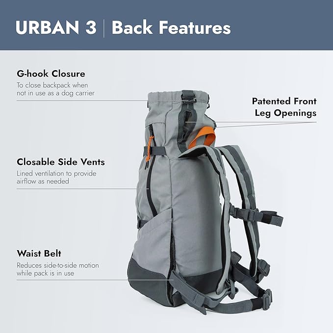 K9 Sport Sack Urban 3 - Large, Concrete - Ideal for Dogs with 20-22” Back Length - Dual-Use, Backpack-Style Carrier + Everyday Pack