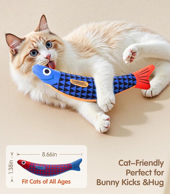 PetBusy Cat Toys with[5000mg A+Natural Catnip &Silvervine] [Baby Grade] Interactive Soft Chew Kicker Cat Toys for Indoor Cats & Kittens, [Crinkle &Bell] Fish Sound Toy, Drives Bored Cat Crazy with Fun