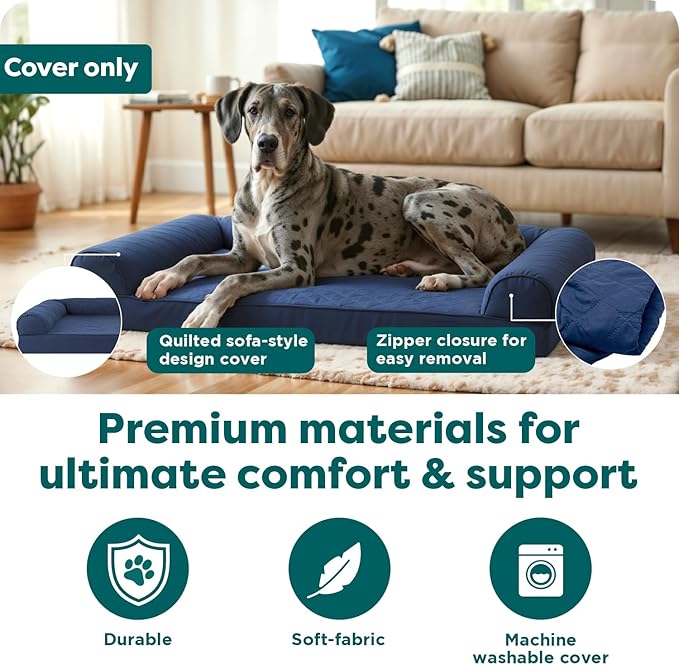 FurHaven Dog Bed Cover Replacement, Sofa-Style Design with Soft Quilted Sleep Surface for Cozy Comfort, Machine Washable, Jumbo Plus XXL, Quilted Fabric, Navy Blue