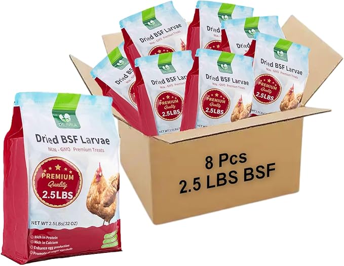 DE AVILA 20LB Dried Black Soldier Fly Larvae for Chickens Bulk, Non GMO 86X High Calcium Grubs Than Meal Worms for Laying Hens,100% Natural BSF Larvae for Chicken Worms Wild Bird Treats (2.5LB x 8)