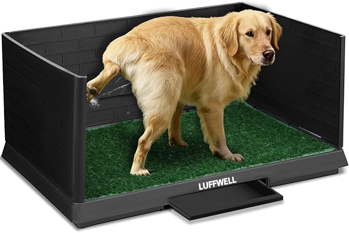 Dog Grass Pad with Tray & Drawer, Indoor Dog Potty Training System, 2 Reusable Turf Pads, 3 High Walls for Splash Protection, Easy-Clean Urine Collection Drawer for Small/Medium Dogs