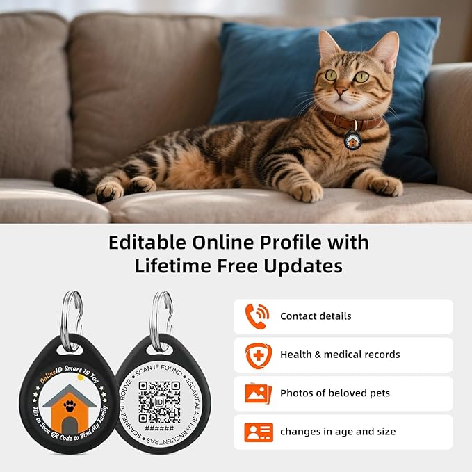 4 Pack Personalized Cat Tags,QR Code Pet ID Tags with Online Profile systerm,Editable Any Names and Phone numbles,4*Black,S