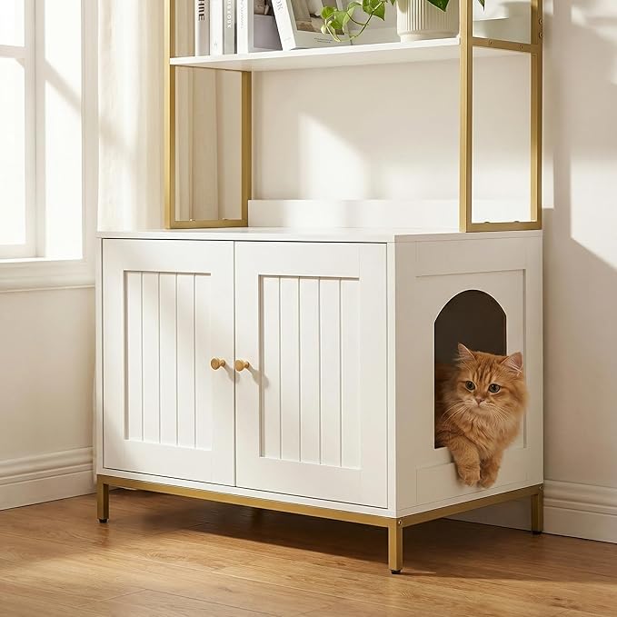 Homhedy Cat Litter Box Enclosure, Litter Box Furniture Hidden with 2-Tier Storage Shelves, Wooden Cat Washroom Furniture with Metal Frame, Modern Style, White and Gold