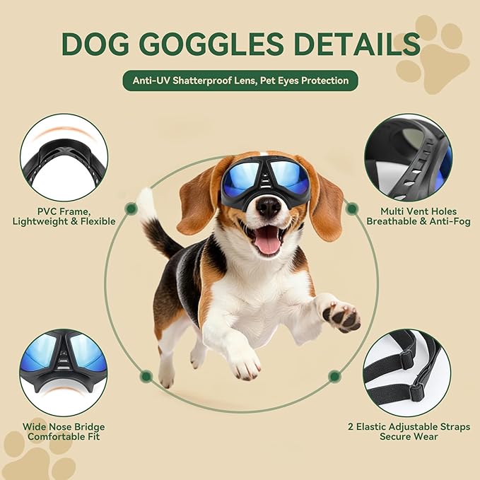 PETLESO Dog Goggles for Small to Medium Breeds, Small Dog Sunglasses UV Protection Windproof Snowproof, Outdoor Driving/Riding/Hiking Pet Eyes Protection, Soft Frame Adjustable Straps, Blue Lens