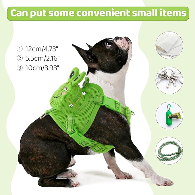 Dog Harness with Backpack, Adjustable Dog Backpack Harness for Small Medium Dogs, No-Pull Breathable Backpacks for Dogs to Wear, for Traveling, Hiking, Camping, Training, Green Frog M