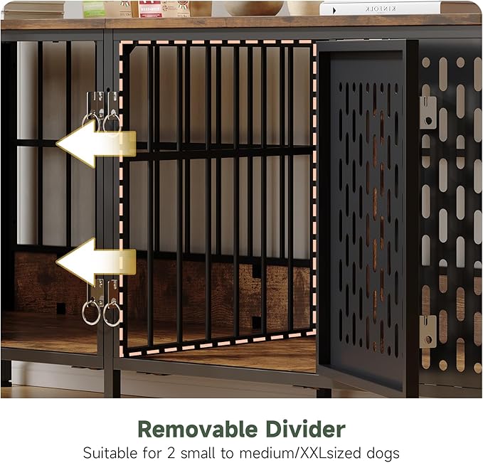 ONBRILL 63” Dog Crate Furniture for 1 or 2 Dogs,Large Double Dog Cage with Removable Divider,Heavy Duty Wooden Dog Crate As TV Stand with Steel Frame,Brown