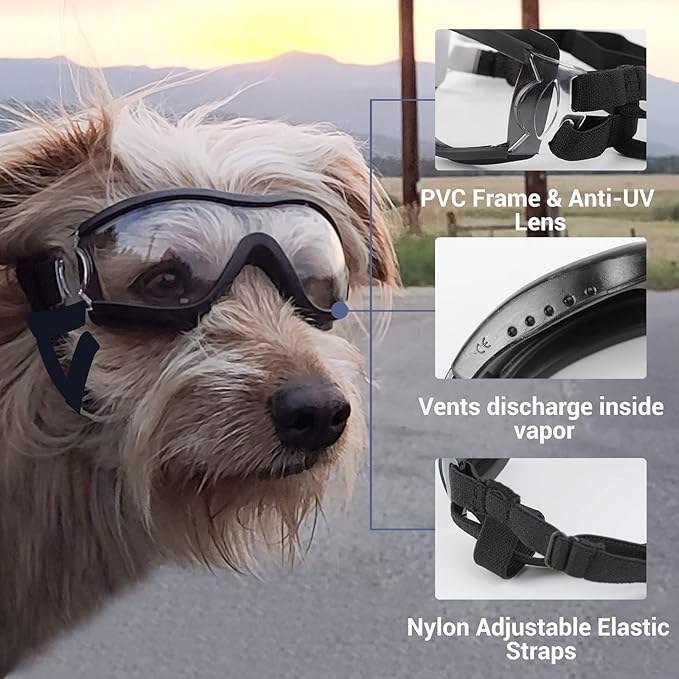 LESYPET Dog Goggles Medium Large Breed, UV Wind Dust Protection Medium Dog Sunglasses Eye Protection, Eye Wear Pet Glasses with Adjustable Strap for Outdoor Riding, Clear
