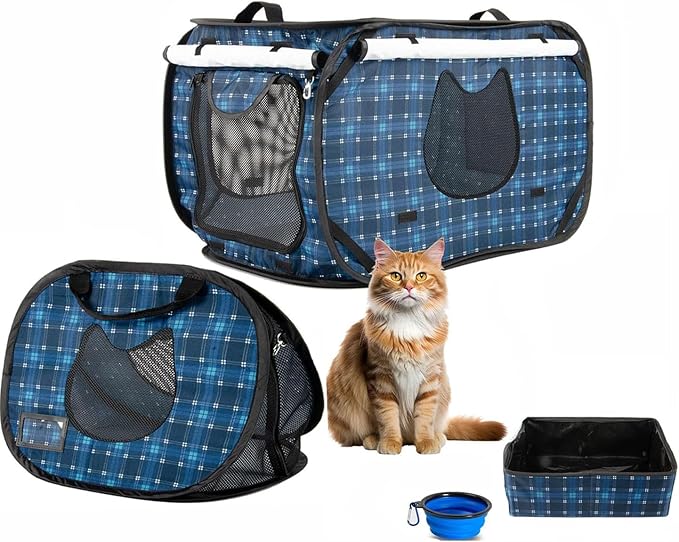 Pop up Large Cat Carrier, 30'' L Kennel Soft Crates with Portable Mini Cat Carrier,Travel Littler Box, Mattress,Food Bowl,4 Stakes and Carry Bag