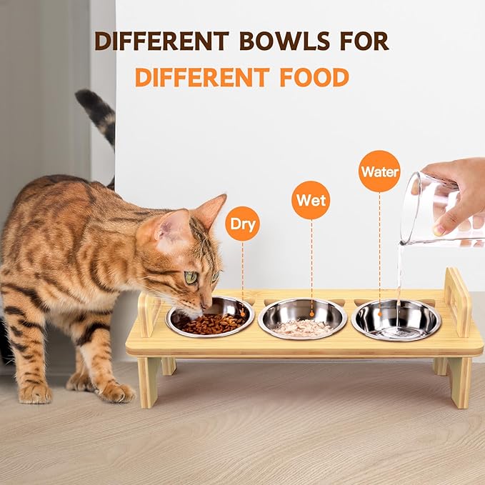 Bamboo Elevated Cat Bowls, 3 Stainless Steel Raised Cat Bowl with Stand, 15°Tilted Cat Feeding Station, Cat Food and Water Bowl Set for Small Cats and Puppy, Anti Vomitting, Whisker Fatigue (Natural)