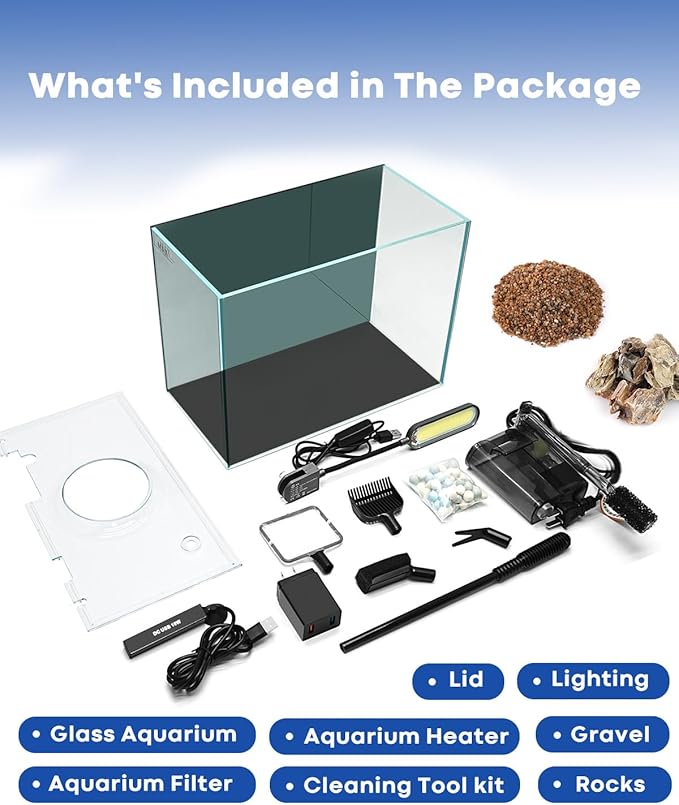 3 Gallon Small Fish Tank Glass Aquarium Set, Starter Kit with Heater Water Pump Cleaning Filter Bright Light Rocks Gravel Cleaning Tool, Leak-Proof Clear Rimless Desktop Spaces Saving Betta Fish