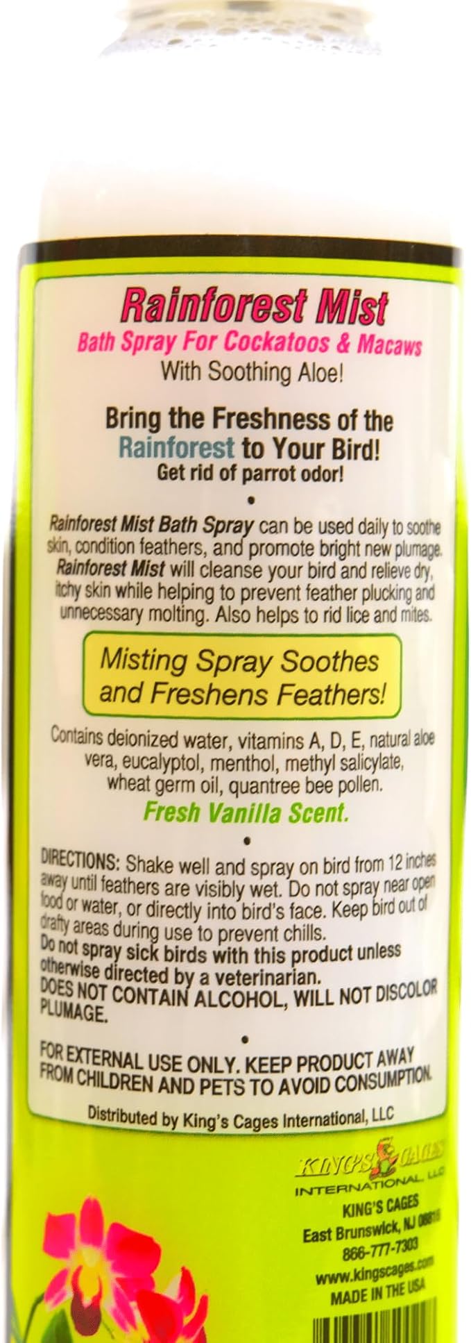 King's Cages Rainforest Mist Bath Spray for Cockatoos & Macaw 8oz.