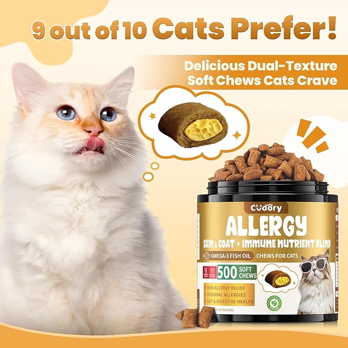 Cat Allergy Relief for Cats Treats, 500 Crunchy Snacks for Immune & Skin Coat Support – Seasonal Allergies, Itching Relief, Omega 3 & Probiotic Natural Supplement for Cat, Chicken (90-Day Supply)