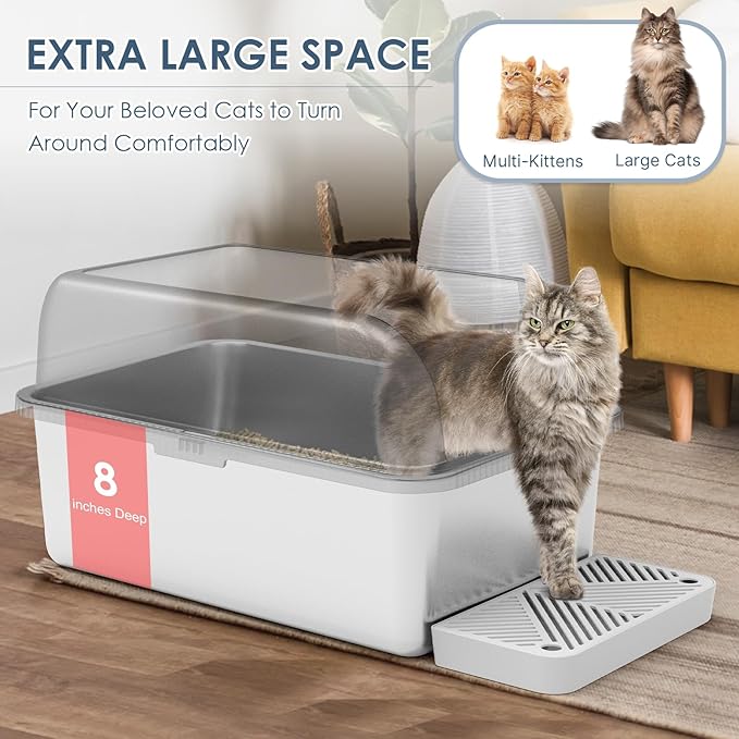 8" Deep Stainless Steel Cat Litter Box with Lid Extra Large Litter Box for Big Cats XL Metal Litter Box Pan with High Wall Sides Enclosure, Non-Sticky, Anti-Leakage, Easy Cleaning
