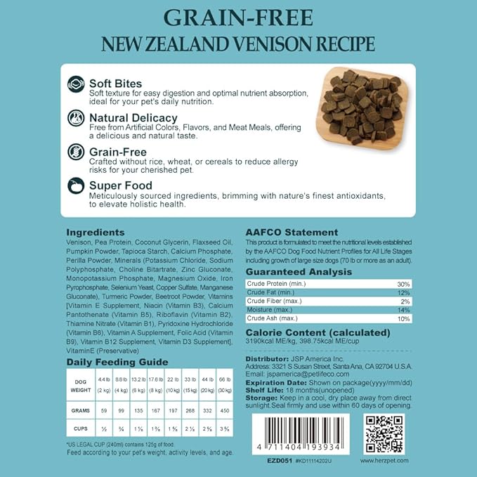 Herz Air-Dried Dog Food – New Zealand Venison Recipe 2 lb, Single Pure-Meat, Grain Free, All Natural, High Protein, Limited Ingredients