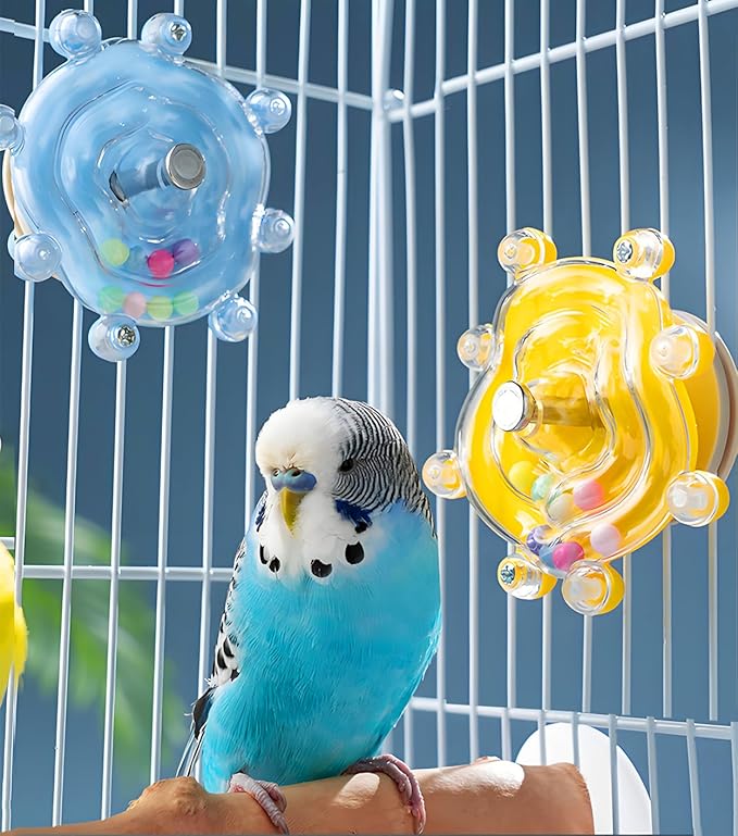 Bird Toys, 2PCS Conure Spinning Rotating Toy Parrot Rattle Toys Cute Bird Cage Accessories for Small to Medium Birds, Blue/Yellow