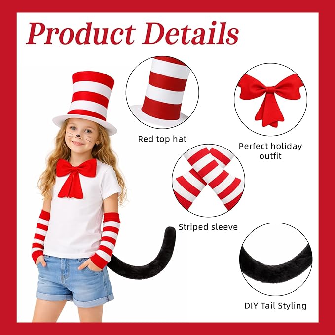 4 Pcs Cat Costume with Red and White Stovepipe Hat Bow Tie Gloves Tail Fit World Book Day Halloween Cosplay Party Costume Accessories