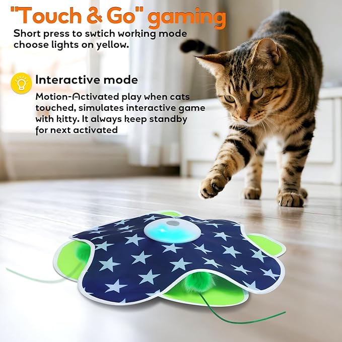 Interactive Cat Toys with Moving Feather Concealed in Mat, Rechargeable Cat Exercise Toys for Bored Cats with Motion Activated, Mouse Squeaky