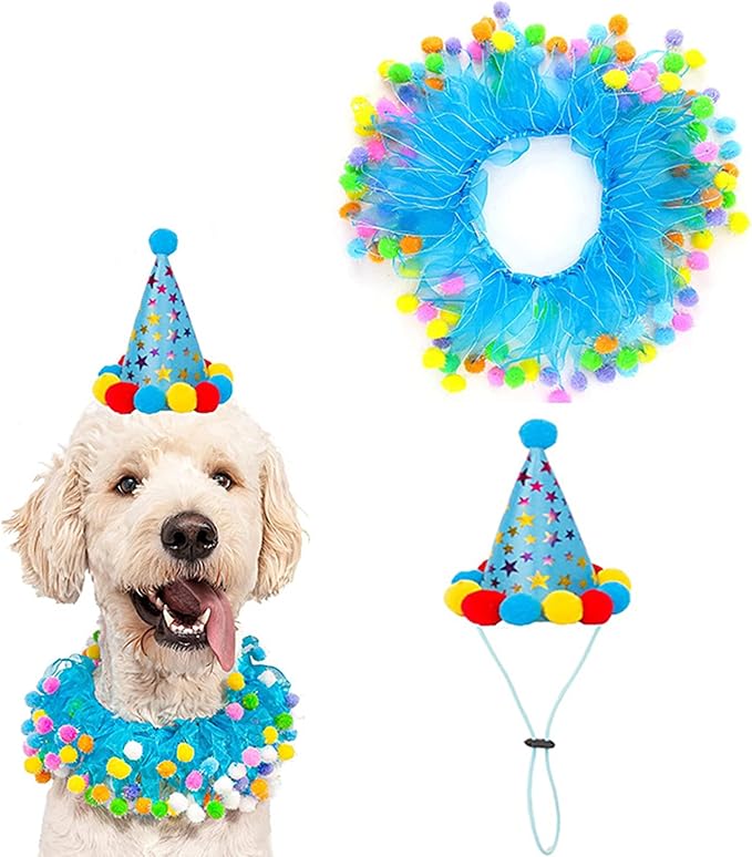 2-PC Pet Birthday Party Costume-Puppy Blue Adjustable Collar Saree with Colorful Balls and Cute Star Hat Soft Costume Accessory for Dogs Cats