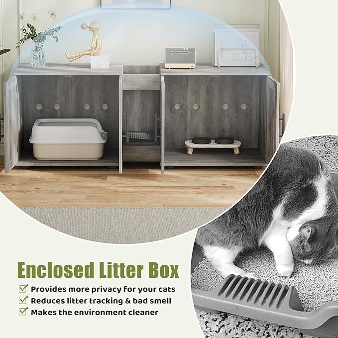 Garvee Cat Litter Box Enclosure for 2 Cats, 55" Hiddden Litter Box Enclosure Furniture 3-in-1 Wooden Litter Cabinet with Barn Door & Double Rooms for Bedroom Living Room, Gray