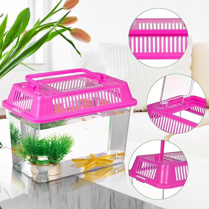 Angoily 4pcs Portable Turtle Tank 5. 9x4. 3x3. 7 Inch Plastic Handheld Fish Tanks Reptile Habitat Small Pet Aquarium with Handle for Travel and Home Use