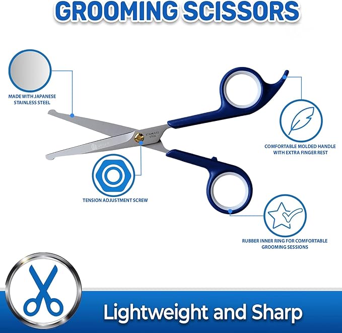 Pet Magasin Japanese Stainless Steel Grooming Scissors (2) for Facial Hair and Larger for Body Trimming with Round Tip (Blue)