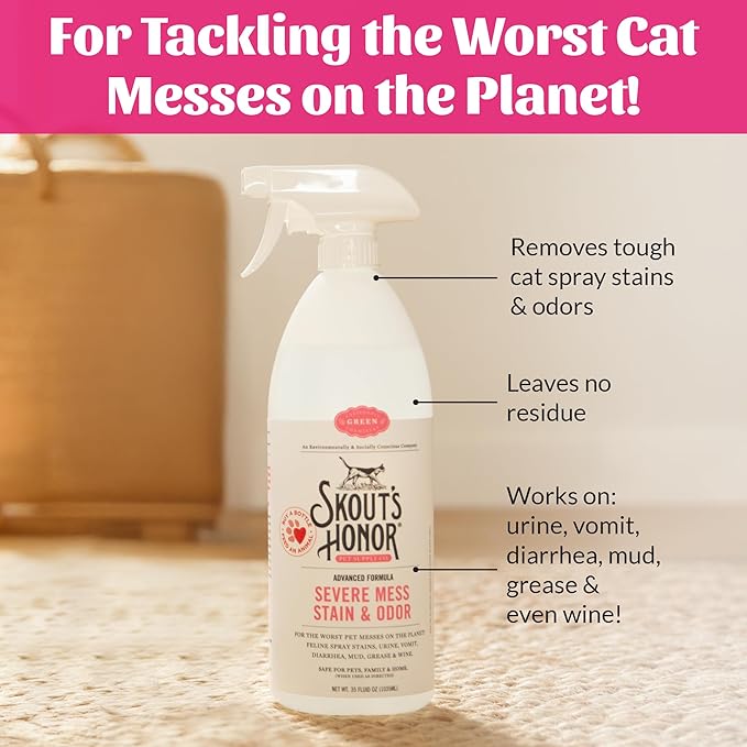 Skout's Honor Cat Advanced Severe Mess Stain & Odor Remover - Advanced Formula for Tackling the Worst Cat Messes, Eco-Friendly Formula for Carpets and Home, 35 oz