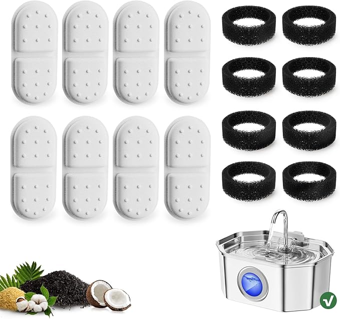 8 Pack Replacement Filters/Sponges - Individually Packaged-Applicable to Cat Water Fountain Stainless Steel 108oz/3.2L, APAUK Automatic Pet Fountain Dog Water Dispenser