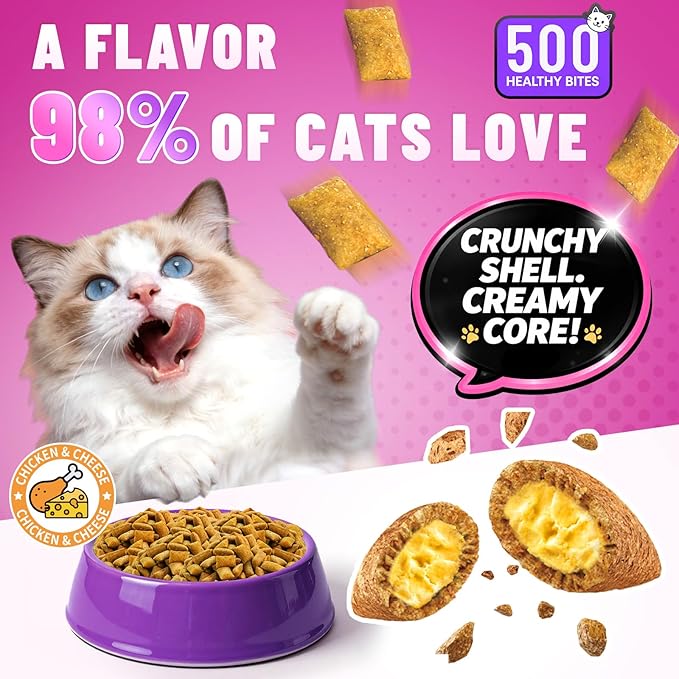 Taurine for Cats Vitamins Treats, 15 in 1 Cat Multivitamin Support Skin, Joint, Digestion & Immune Supplement, 500 Crunchy & Creamy Chews with Essential Vitamins for Cats of All Ages (90-Day Supply)
