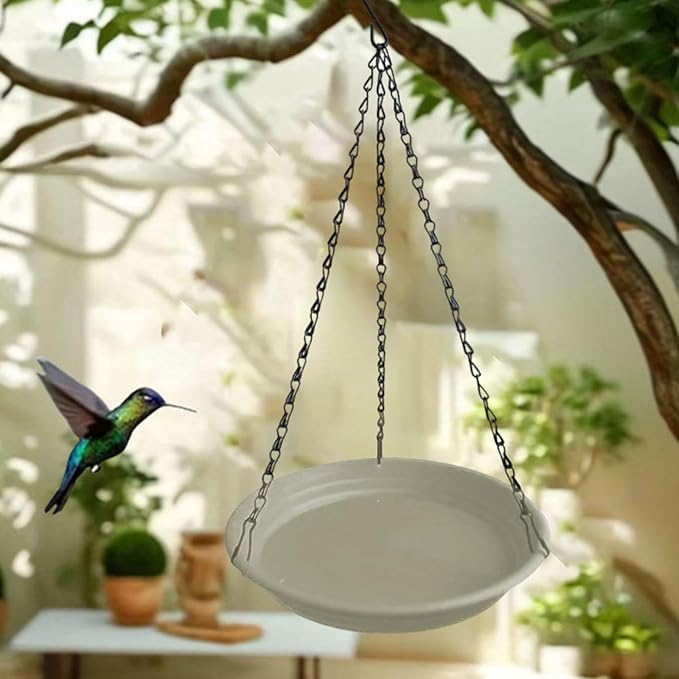 Hanging Bird Feeder and Waterer Tray Water Feeding Bowl Garden Decor with Chains Sturdy Birds Water Station for Backyard Yard, Beige