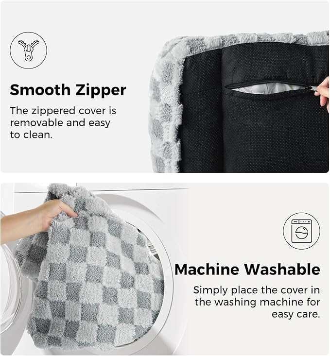 Made4Pets Dog Couch Bed, Soft Faux Fur Checkered Indoor Pet Sofa, Comfortable Fluffy Dog Sofa with Supportive Foam, Removable Washable Cover with Non-Slip Base, Grey, Large