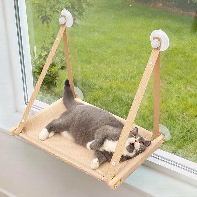 CATISM Cat Window Perch - Cat Hammock for Window, Soft Seat Machine Washable, Solid Wood Frame, 4 Suction Cups, Hammock Bed for Cats Inside(23.43x14.5In) L