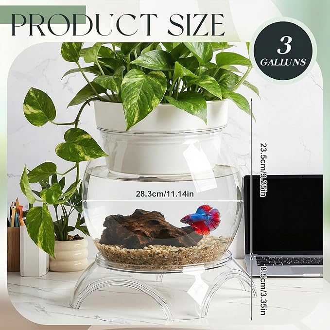 Geelin 3 Gallon Plastic Aquaponic Betta Fish Tank Aquaponic with Base and Top, Small Bowl Shatterproof Ecosystem Aquarium with Clear Clarity for Terrarium, Flower Vase Betta Fish Centerpiece Gifts