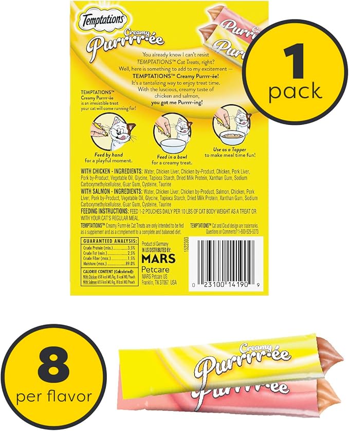 Temptations Creamy Puree Squeezable Lickable Cat Treats, Wet Cat Treats with Salmon and Chicken Variety Pack, 0.42 oz. Tubes, 16 Count