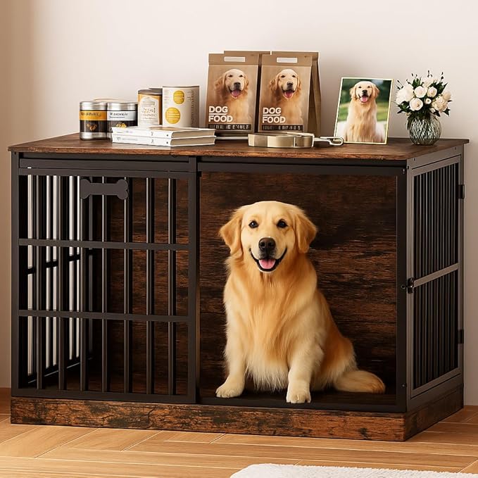 Petrova 47" Dog Crate Furniture for 1 Dogs, Heavy Duty Indoor Dog Kennel for Medium/Large Dogs, Wooden Dog Cage with Sliding Barn Door, Name Tag, Brown