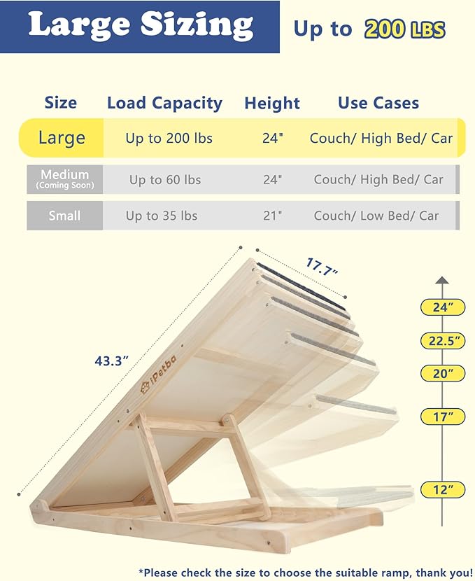 Dog Ramp for Bed & Couch for Large Dogs - Joint-Friendly, Anti-Slip, Adjustable, Extra Wide & Stable, Up to 200 lbs