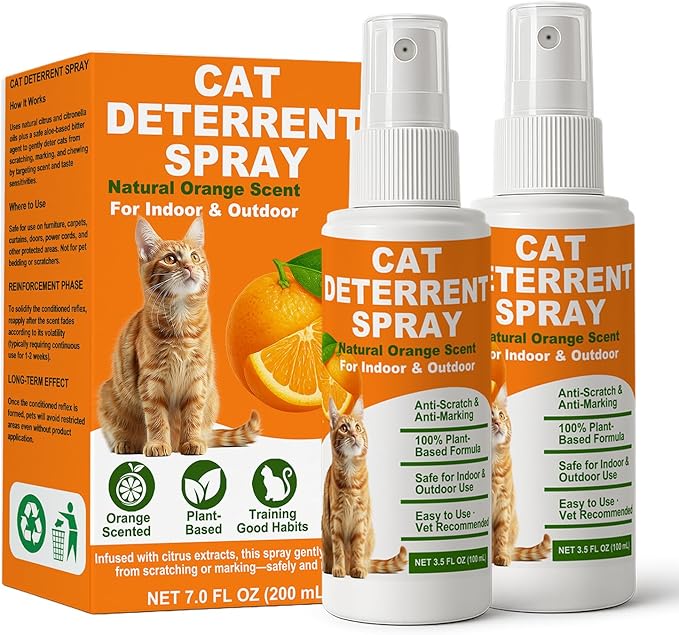 Cat Deterrent Spray 2 Pack, Natural Non-Toxic Plant Based Anti-Scratch & Anti-Marking Spray for Cats & Kittens, Orange Scent Pet Training Aid, Safe for Pets, Indoor Outdoor Furniture, Protector
