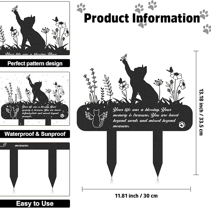 Pet Grave Markers - Metal Cat Memorial Plaque, Waterproof Cemetery Stakes, Pet Headstone (13.4 x 12 in)