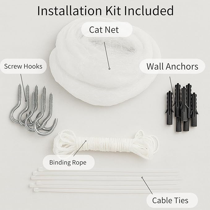 Cat Balcony Net – Transparent Nylon Safety Screen for Balconies, Windows, Patios & Catios; Apartment-Friendly Garden/Deck Netting; Weather-Resistant, Cut-to-Fit; Install Kit Included;（White）