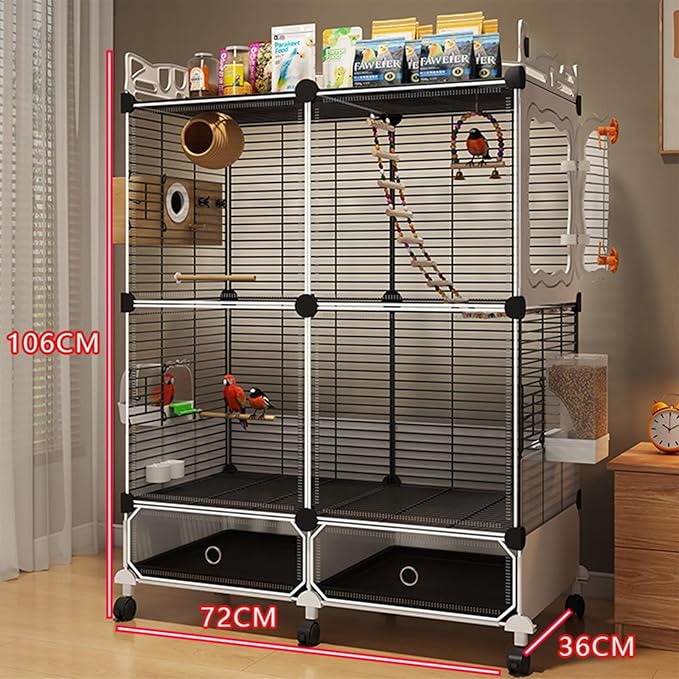 Large Parrot Cage with Acrylic Doors, 4 Casters, Perch & Feeder, Detachable Drawer, Ideal for Cockatiels, Budgies, Conures, Indoor/Outdoor Use – Spacious White Birdcage (Black, 72 * 36 * 106cm)