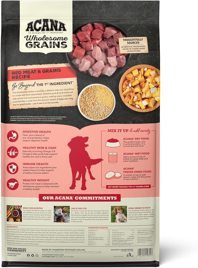 ACANA Wholesome Grains Dry Dog Food Red Meat & Grains Beef Pork & Lamb Recipe 22.5lb Bag