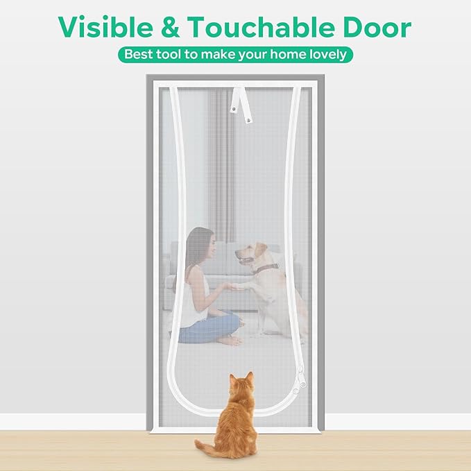 New Reinforced Cat Screen Door, Fits Door Size 34''x 80'' Heavy Duty Pets Proof Screen Door with Bilateral Zipper, Prevent Dogs Cats Running Out from Home, Bedroom,Living Room, Kitchen Patio Door