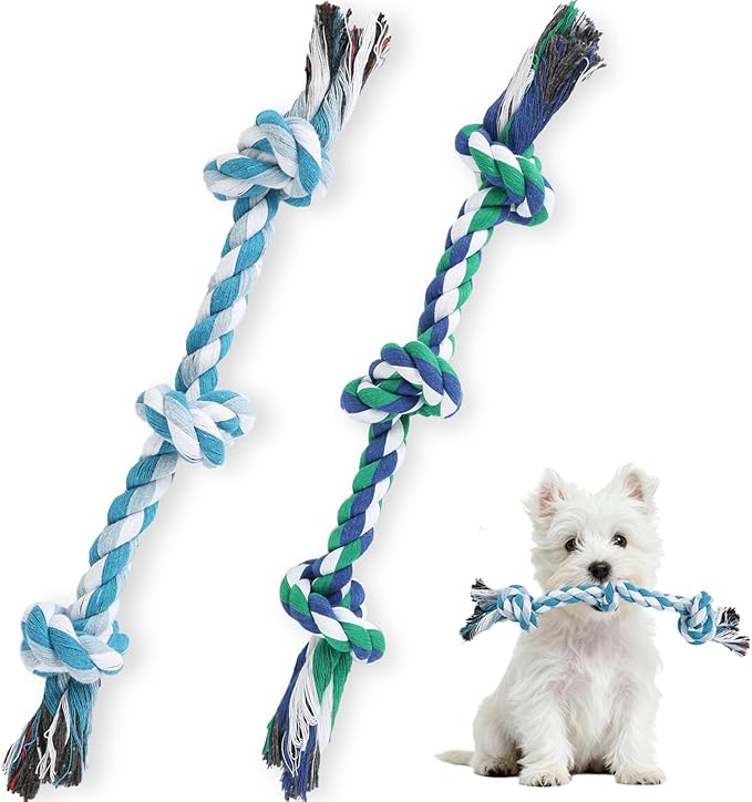 SZEE 2Pcs Dog Rope Toys for Small Breeds, 14 in 3 Knots Chew Rope Toy for Dogs, Pull Toy for Tug of War, Energy Release, Boredom Relief and Teeth Cleaning (Green & Blue)