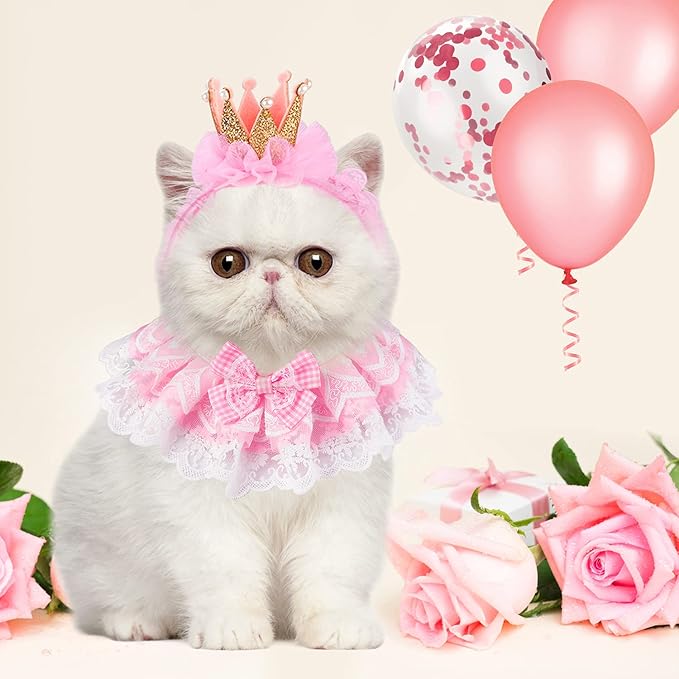 Legendog Cat Bandana, Princess Costume, Cute Lace Dog Bandanas and Crown Accessories for Small Dogs, Pink Outfit for Birthday Party (B-Pink)