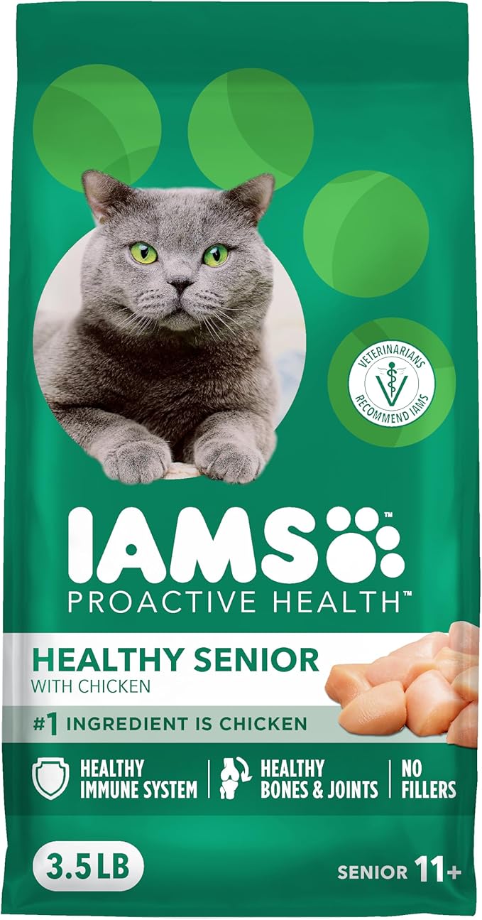 IAMS Proactive Health Senior Dry Cat Food, Cat Food Dry Chicken Recipe, Real Chicken in Every Bite, 3.5 Lb. Bag