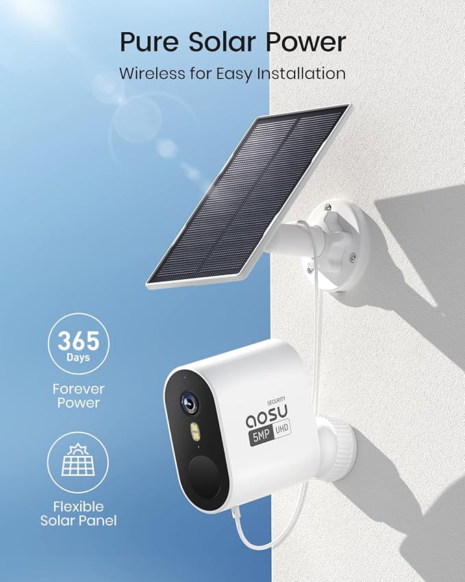 aosu 3K/5MP Security Cameras Outdoor Wireless Home Surveillance System, Solar Powered, 166° Ultra-Wide-Angle, Color Night Vision, Spotlight & Siren, Motion Alert, Easy Setup, No Monthly Fee, 4-Cam-Kit