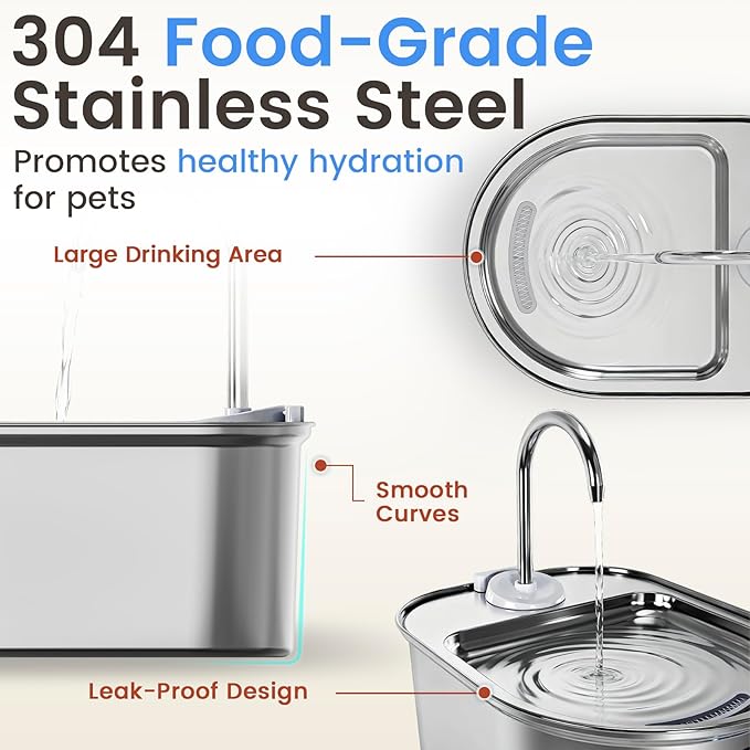 Stainless Steel Cat Water Fountain, 108oz/3.2L Automatic Pet Water Dispenser with Ultra-Quiet Pump, Safe Auto Shut-Off & Water Level Window for Cats and Dogs Indoors - Includes 1 Filter