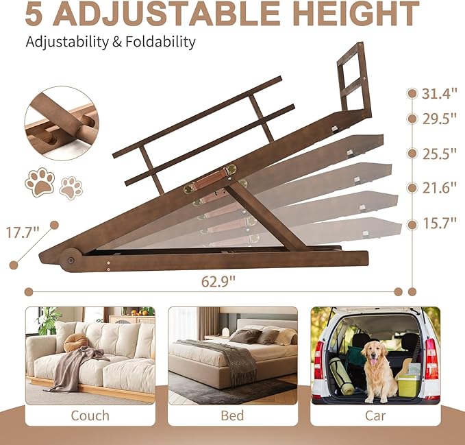 SLSY Dog Ramp for High Beds & Couches, 63" Folding Adjustable Pet Ramp with Non-Slip Rubber Mat, 5 Height Levels (15.7"–31.4"), Portable Dog Stairs for Large Dogs up to 250 lbs, Brown