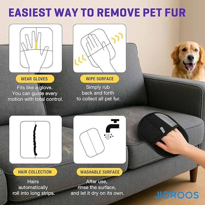 Pet Hair Removal Glove for Cats & Dogs, Upgraded Electrostatic Reusable Pet Hair Remover Tool, Magic Fur Removal Mitt for Laundry, Couch, Carpet, Car Seat, Pet Grooming Gloves (2)