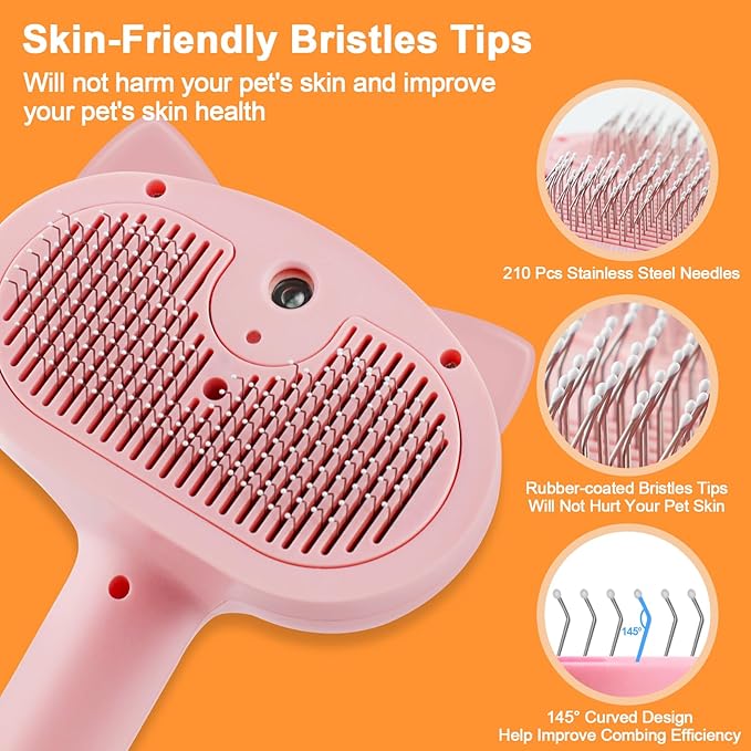 Pet Steam Brush for Dogs, 4 in 1 Cat Steam Brush for Long Short Haired, Self Cleaning Brush for Shedding, Metal Pet Misting Hair Comb with Handle for Grooming Kitten Dog(Pink)